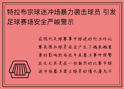 特拉布宗球迷冲场暴力袭击球员 引发足球赛场安全严峻警示 特拉布宗球迷冲场暴力袭击球员 引发足球赛场安全严峻警示