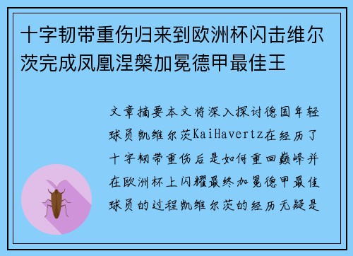十字韧带重伤归来到欧洲杯闪击维尔茨完成凤凰涅槃加冕德甲最佳王 十字韧带重伤归来到欧洲杯闪击维尔茨完成凤凰涅槃加冕德甲最佳王